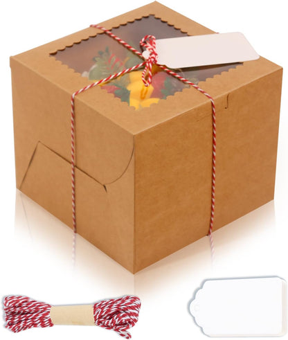 20Pcs 8 Inch Cake Boxes with Window, 8x8x5 Inches Brown Bakery Boxes, Cake Carrier Container for Pastries, Pie, Cookies, Chocolates, Cupcakes, Birthday Party, Wedding