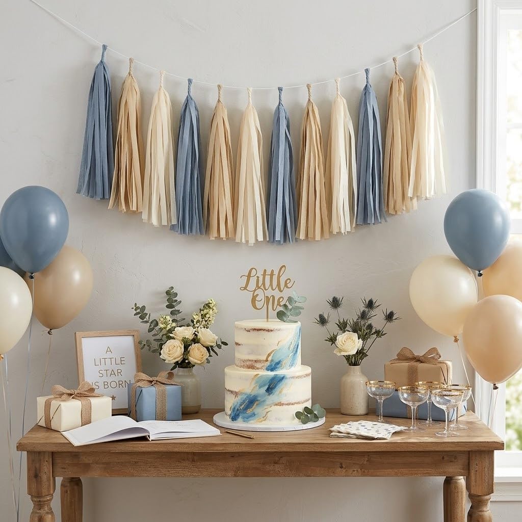 15PCS Dusty Blue Tan and Cream Tissue Paper Tassel Garland Fringe Streamers for Neutral Boho Boy Baby Shower Bunting Coastal Bachelorette Wedding First Birthday Nursery Wall Hanging Party Decor