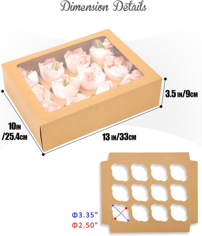 qiqee Auto-pop Up Cupcake Boxes with Window White 40PCS 12 Count Cupcake Box 13"x10"x3.5" Cupcakes Carrier, 12 Cupcake Containers with 2 rolls of pink ribbons
