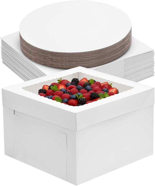 Moretoes 30 Pack Cake Boxes 12 Inch with Cake Boards (15 Boxes & 15 Boards), 12x12x8 Inch Carrier with Window for Cajas Pasteles, White Bakery Containers Disposable Boxes for Birthday, Party