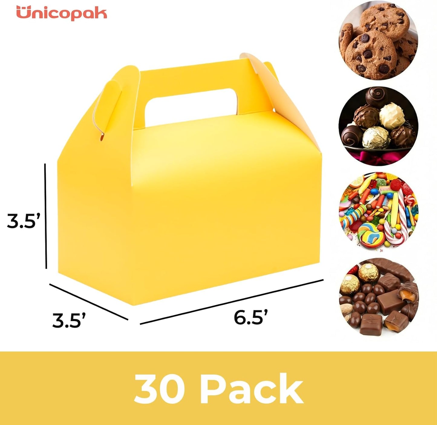 UnicoPak 30 Pack Party Favor Boxes Treat Boxes, White Gable Gift Boxes for Party Favors Goodies Cookies Treats Candies Meals Lunch, 6.5x3.5x3.5 Inches
