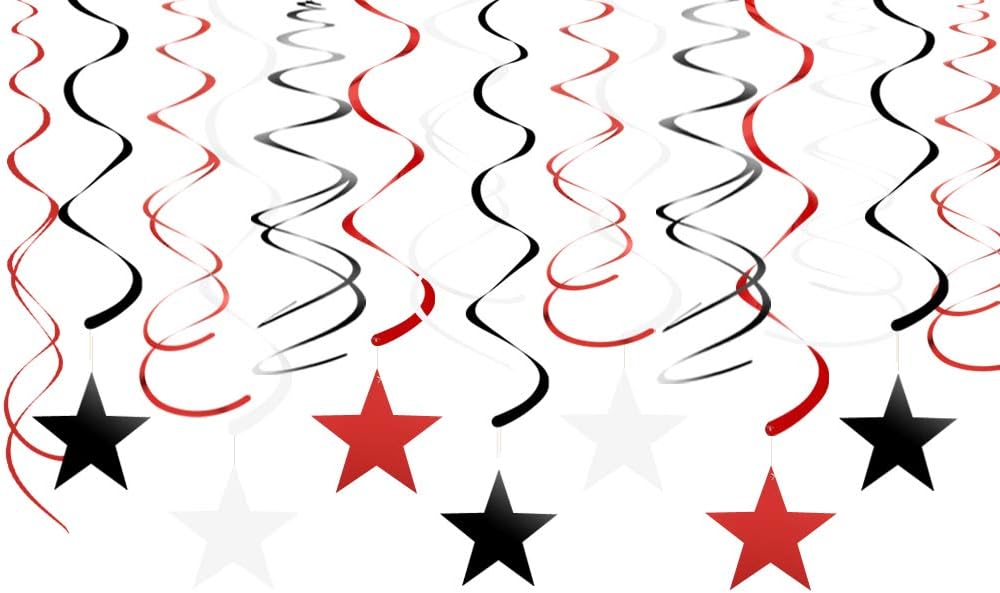 Black, White, and Silver Hanging Swirl Decorations with Star Cutouts, Set of 30