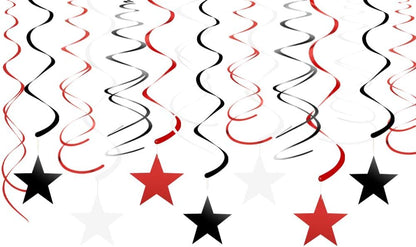 Black, White, and Silver Hanging Swirl Decorations with Star Cutouts, Set of 30