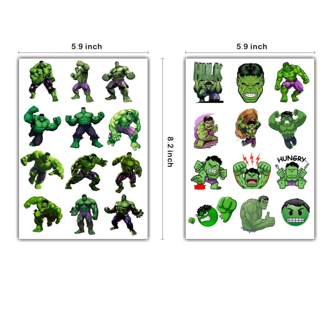 8 Sheets Green Hero Temporary Tattoos for Kids, Green Hero Birthday Party Decorations Party Favors for Kids Party Supplies