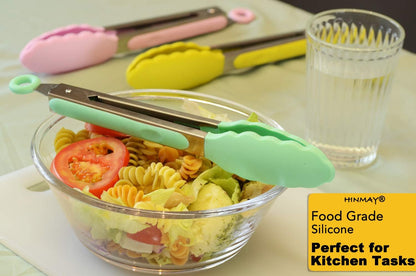 HINMAY Serving Tongs 9-Inch Cooking Tongs with Silicone Tips, Set of 3 (Black)