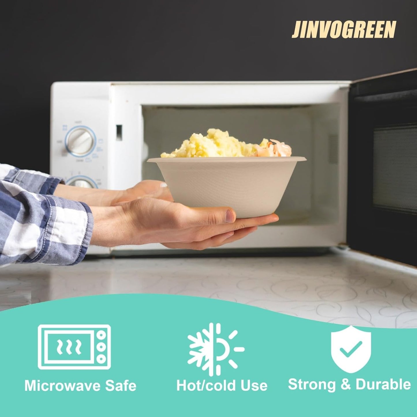 JINVOGREEN 200 Count 12 oz Paper Bowls, Disposable Compostable Bowls Bulk, Heavy Duty Biodegradable Bagasse Bowl for Snacks, Soup, and Salads, White