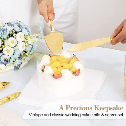 Cake Cutting Set for Wedding, Personalized Gold Cake Knife and Server Set, Custom Cake Serving Set, Engraved Pastry Pie Server Cake Pizza Cutter, Birthday Bridal Gift (F-Classic)