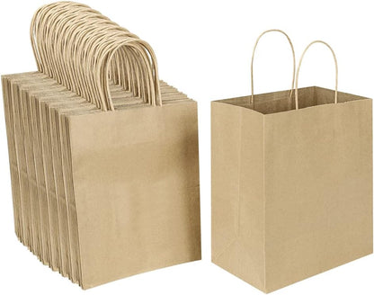 Oikss 100 Pack 8x4.75x10 Inch Medium Brown Kraft Paper Bags with Handles Bulk for Wedding Birthday Party Favors Grocery Retail Shopping Business Goody Craft Gift Bags Sacks (Plain Natural 100 Count)