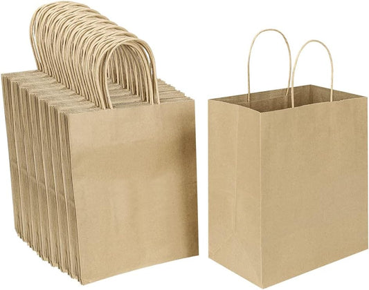 Oikss 100 Pack 8x4.75x10 Inch Medium Brown Kraft Paper Bags with Handles Bulk for Wedding Birthday Party Favors Grocery Retail Shopping Business Goody Craft Gift Bags Sacks (Plain Natural 100 Count)