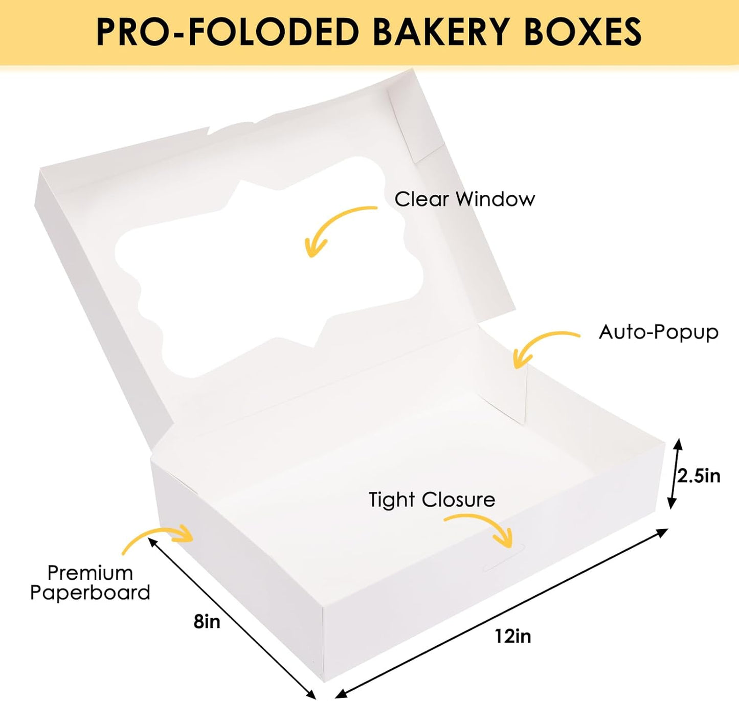 Moretoes 48pcs Bakery Boxes,12x8x2.5 Inches Cookie Boxes with 3 Style Window for Chocolate Covered Strawberries, Desserts, Cookies, with 4pcs Stickers