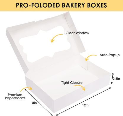 Moretoes 48pcs Bakery Boxes,12x8x2.5 Inches Cookie Boxes with 3 Style Window for Chocolate Covered Strawberries, Desserts, Cookies, with 4pcs Stickers