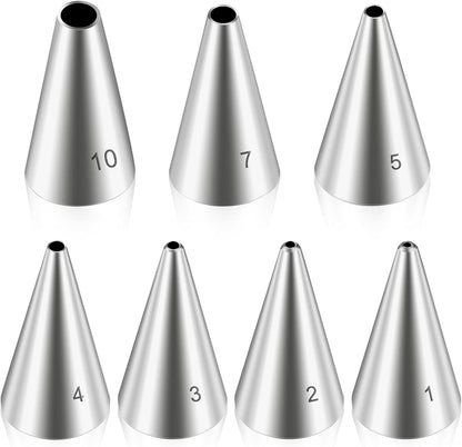 Dimeho 7 Pcs Round Hole Piping Tips Set Stainless Steel Cupcake Frosting Nozzles Cake Decorating Tool Russian Pastry Icing Dispensers Supplies for Baking Cookies Puff Doughnut Cream Bag Filler