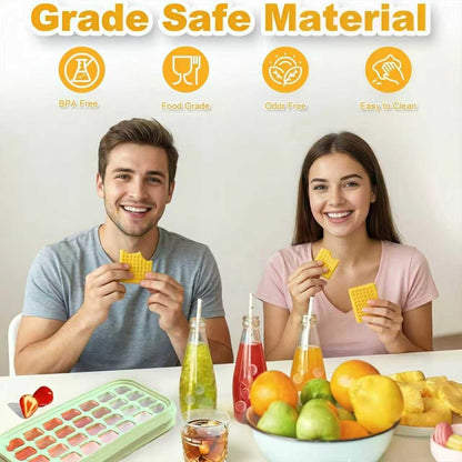 Compact Ice Cube Tray with Lid and Bin, Mini Press-Type Ice Cube Maker for Freezer, Space-Saving Small Ice Bucket with Tongs for RV, Office, Mini Ice Cube Trays & Water Bottles, BPA-Free (Green)