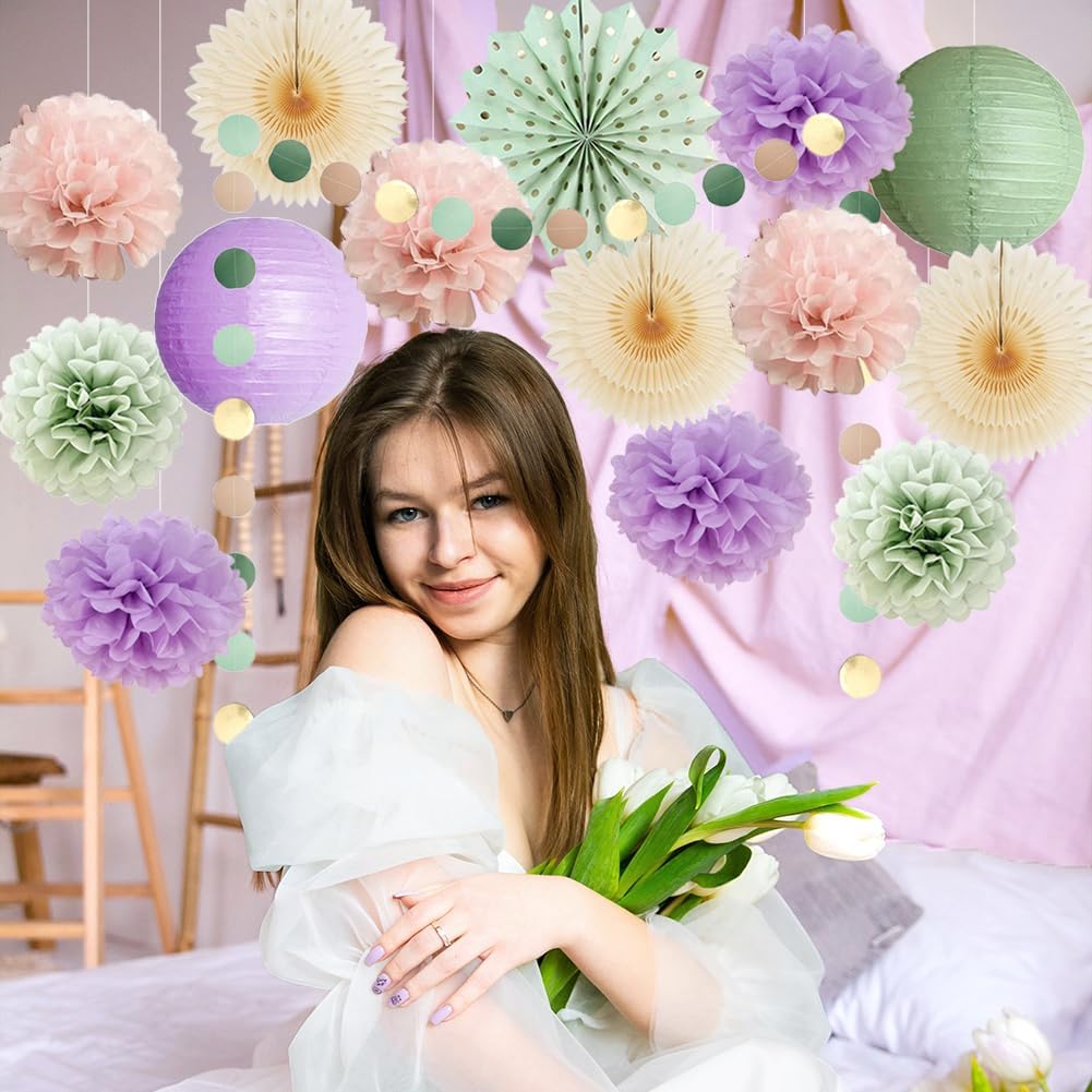 Sage Green and Purple Party Decorations Baby Shower Girl Decorations Sage Green Purple Pink Birthday Party Light Purple Blush Pink Tissue Paper Pom Poms Beige Fans Kit for Wedding Engagement