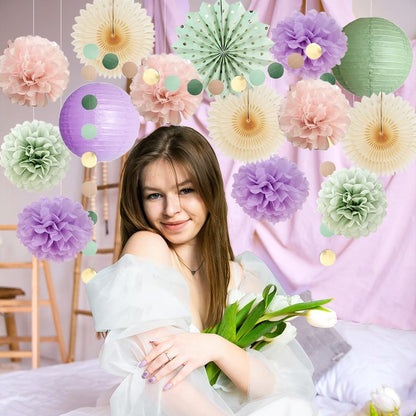 Sage Green and Purple Party Decorations Baby Shower Girl Decorations Sage Green Purple Pink Birthday Party Light Purple Blush Pink Tissue Paper Pom Poms Beige Fans Kit for Wedding Engagement