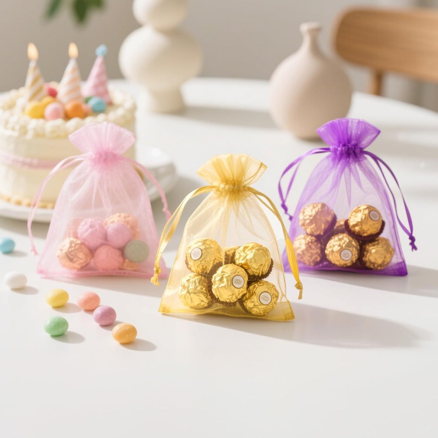 joycraft 50Pcs Organza Bags, 2x3 inch Gift Favor Bags, White Wedding Favor Bags, Jewelry Pouches with Drawstring, Mesh Bags Drawstring for Jewelry, Festival, Makeup, Candy, Desserts