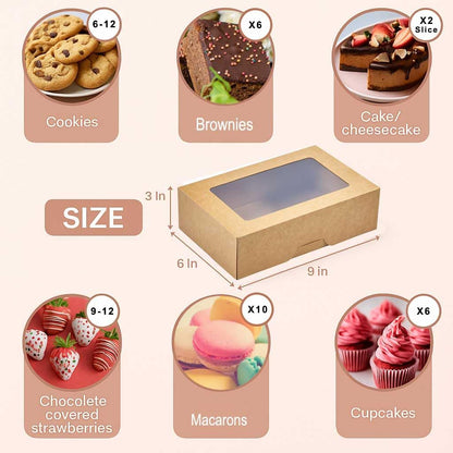 Leafiew 30 Pack Cookie Boxes with Window for Gift Giving – 9x6x3 Inches Bakery Boxes - Small Cookie Containers for Treats, Desserts, Strawberries, Cupcake, Pastry, Charcuterie, Baked Goods (Brown)