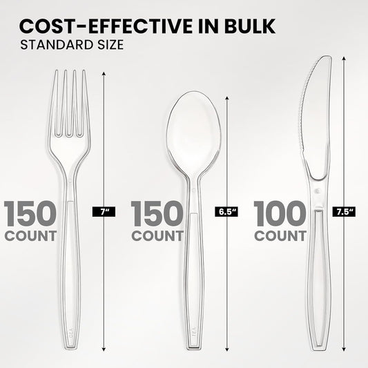400 Count Heavy Duty Plastic Silverware, BPA-Free, Clear Plastic Cutlery Set, Premium Disposable Utensils for Party Everyday Use, 150 Forks, 150 Spoons and 100 Knives
