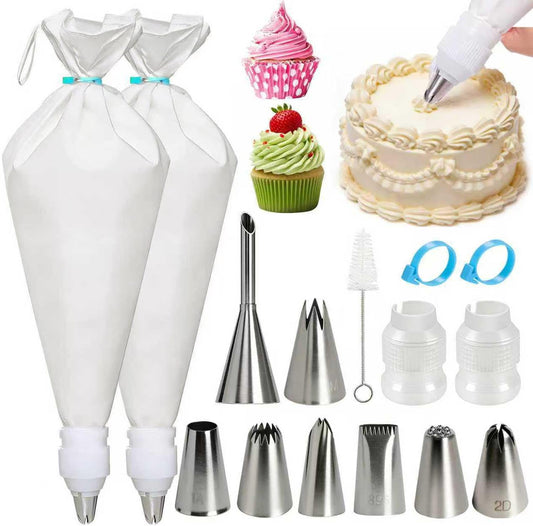 Reusable Cotton Piping Bags & Tips Set -16" Large Pastry Bag with 10 lcing Tips + 2 Couplers for Cake Decorating, Baking Supplies