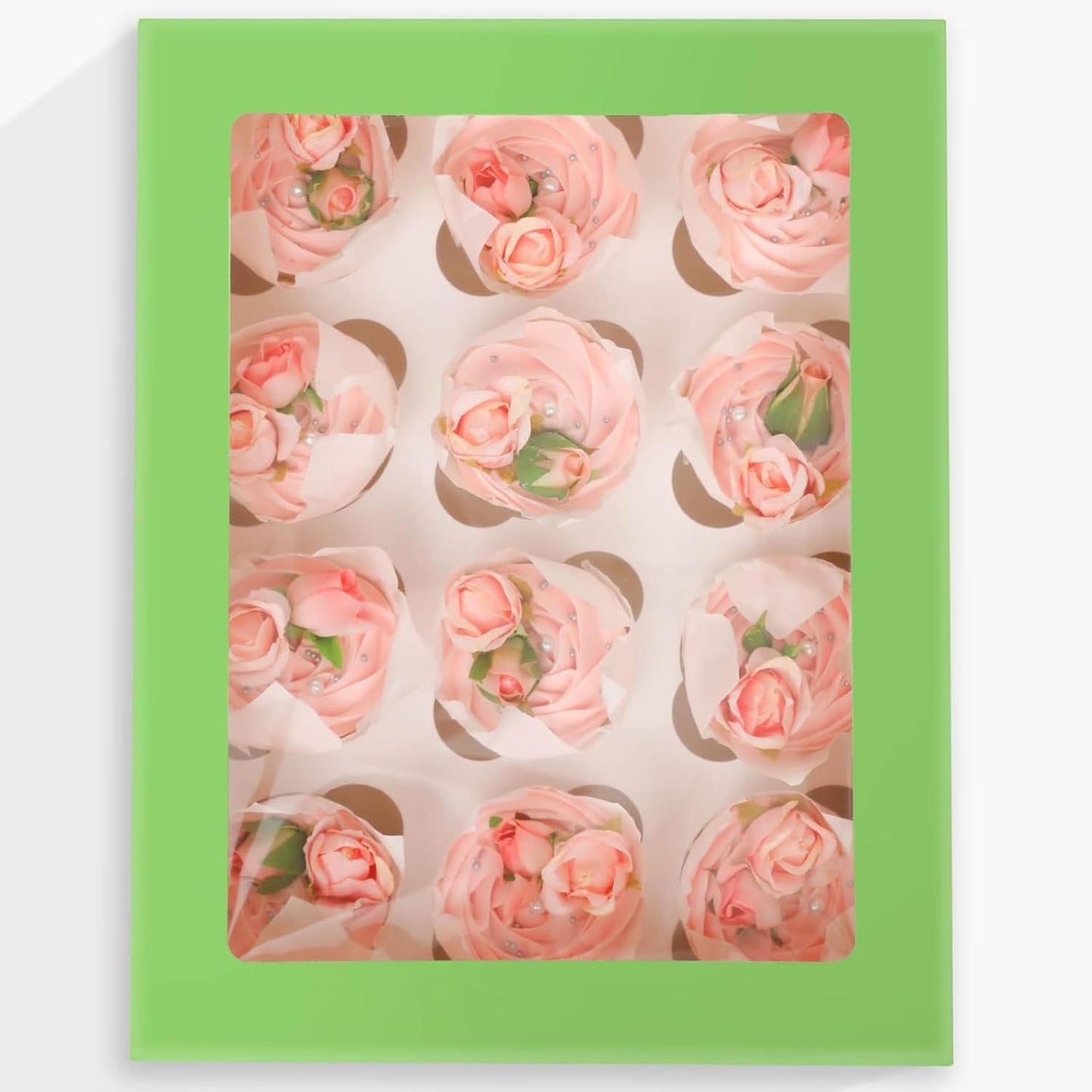 Bakepacker Auto-pop Up Cupcake Boxes with Window White 20PCS 12 Count Cupcake Box 13"x10"x3.5" Cupcakes Carrier, 12 Cupcake Containers with rolls of pink ribbons