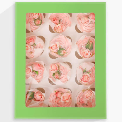 Bakepacker Auto-pop Up Cupcake Boxes with Window White 20PCS 12 Count Cupcake Box 13"x10"x3.5" Cupcakes Carrier, 12 Cupcake Containers with rolls of pink ribbons