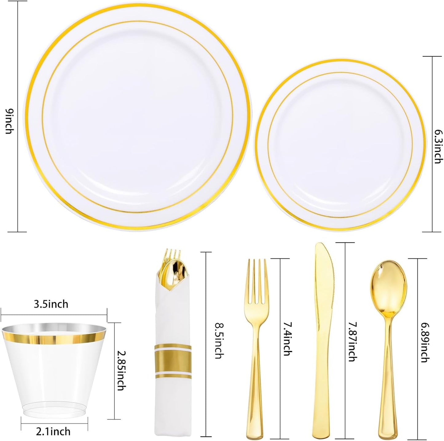 350 Pieces Black and Gold Plastic Plates with Disposable Silverware, Include 50 Dinner Plates 9”, 50 Dessert Plates 6.3”, 50 Black Cups 9 OZ, 50 Pre Rolled Napkins for Wedding Party Graduation