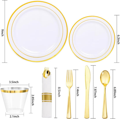 350 Pieces Black and Gold Plastic Plates with Disposable Silverware, Include 50 Dinner Plates 9”, 50 Dessert Plates 6.3”, 50 Black Cups 9 OZ, 50 Pre Rolled Napkins for Wedding Party Graduation