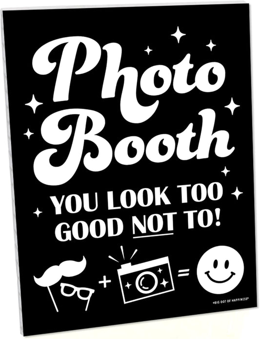 Big Dot of Happiness Photo Booth Sign with Stand – Festive & Durable Plastic Display – Indoor & Outdoor Party Decoration – 10.5” x 13.75”
