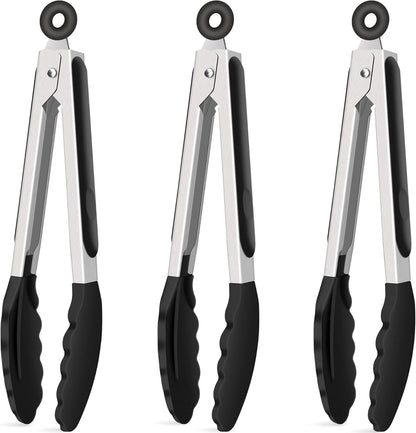 Hotec Mini Silicone Kitchen Tongs for Cooking - 7-Inch Small Serving Tongs with Silicone Tips, Set of 3 (Blue)