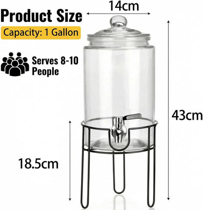 1 Gallon Glass Drink Dispenser Set of 2, Drink Dispensers for Parties, Beverage Dispenser with Stand, Glass Lid, 100% Leakproof Spigot, Ideal for Lemonade, Juice, Iced Tea, Laundry Detergent Dispenser