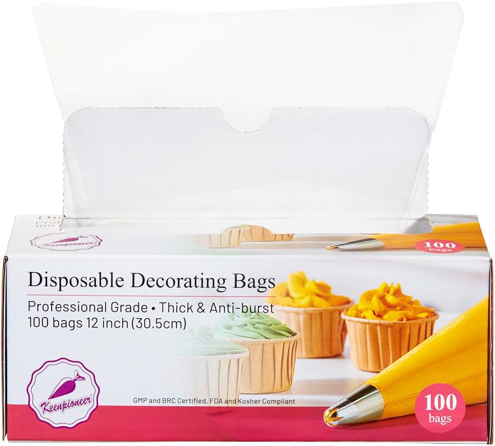 Keenpioneer Piping Bag - Disposable Cake Decorating Bag 100 Count, 12 inch, Clear
