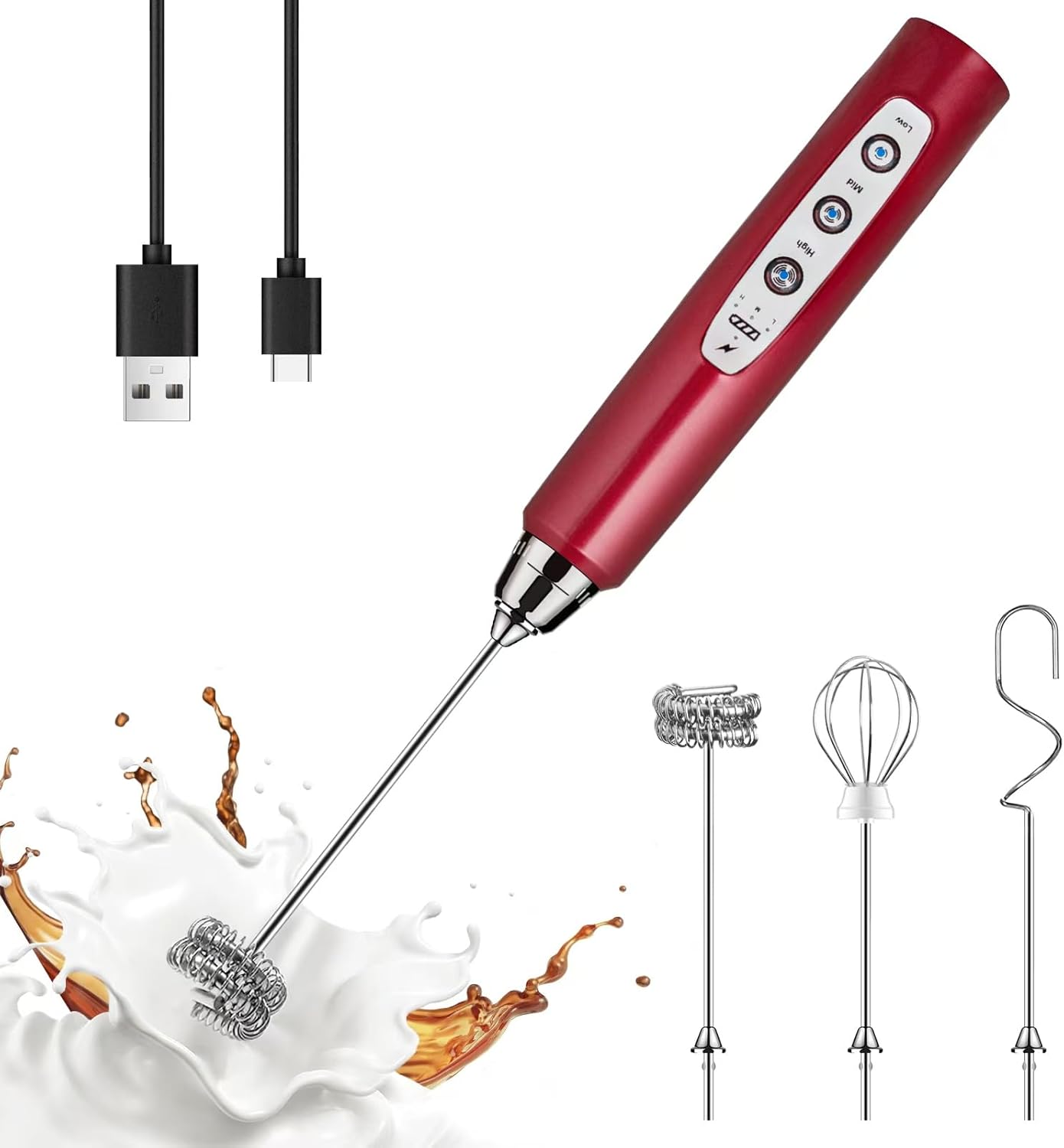 YUSWKO Black Handheld Milk Frother Wand for Coffee, Rechargeable Electric Whisk with 3 Heads 3 Speeds Drink Mixer Coffee Frother For Latte, Cappuccino, Hot Chocolate, Egg