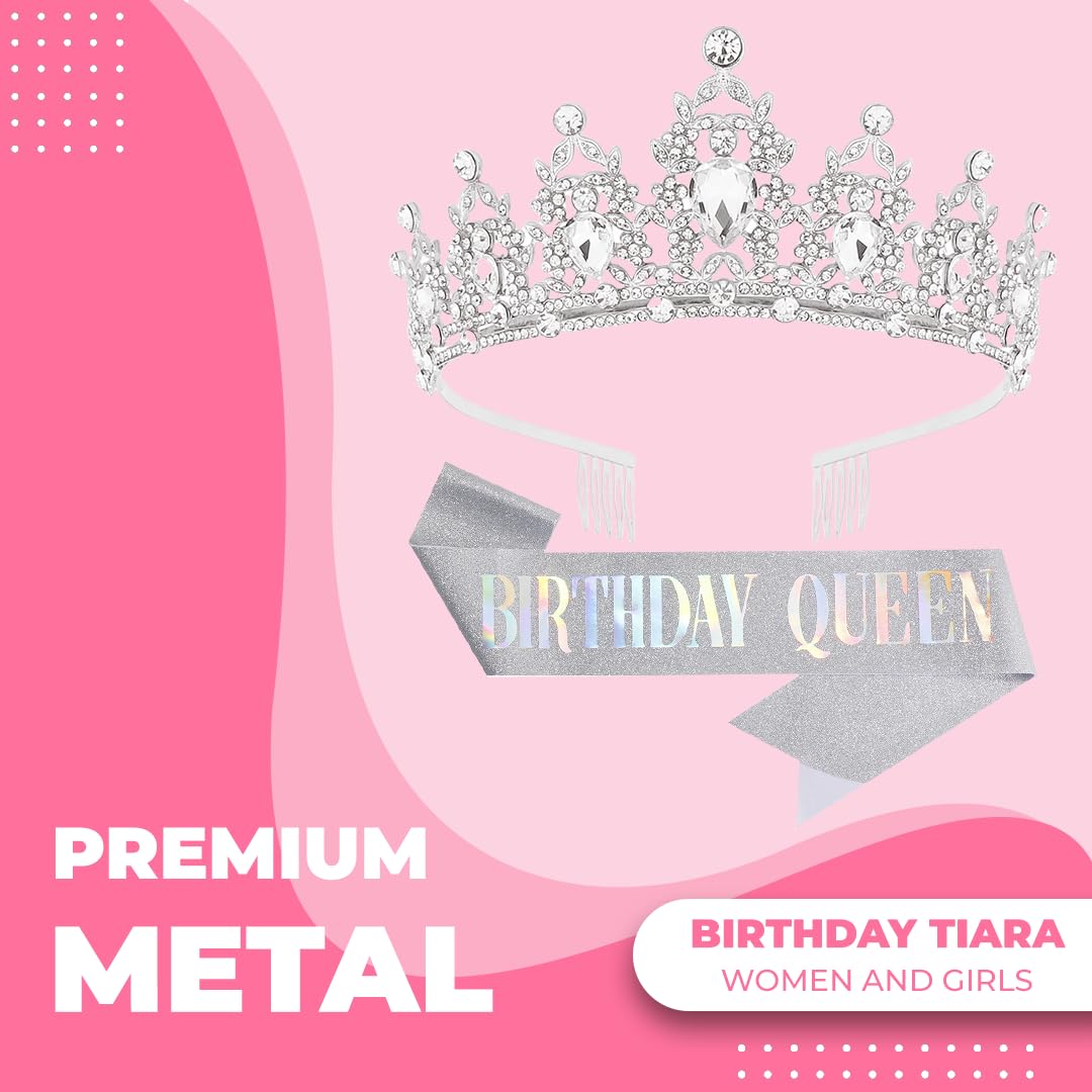 Birthday Tiara Crown with Sash for Women, Headband Hair Accessories for Wedding Party Costume