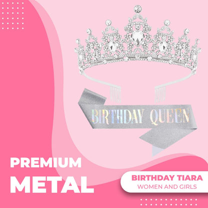 Birthday Tiara Crown with Sash for Women, Headband Hair Accessories for Wedding Party Costume