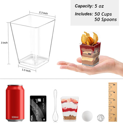 Zezzxu 3 oz Square Mini Dessert Cups with Spoons - 50 Pack Plastic Pudding & Parfait Cups Party Dessert Shooters for Serving Trifle Mousse Cake Appetizers