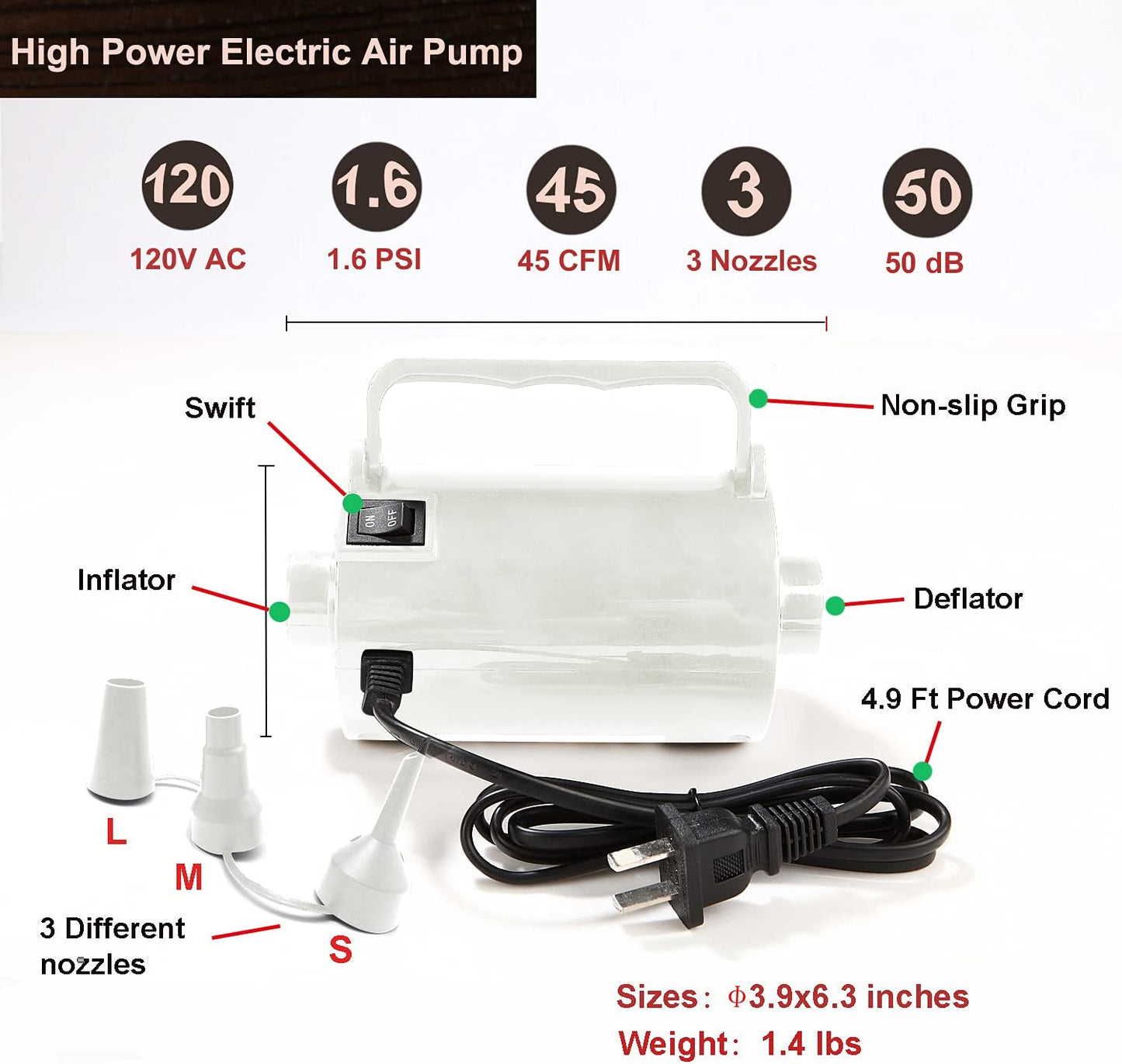 Artigarden Electric Air Pump Portable 460W Quick-Fill Air Pump Air Flow 45CFM 2.1PSI with Hose 5 Nozzles 120V AC Inflator Deflator Pump for Air Mattress Air Bed Inflatable Cushion Boat Swimming Ring