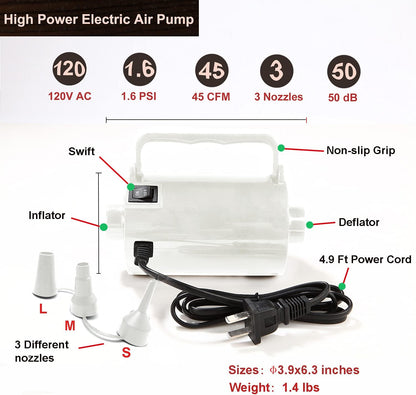 Artigarden Electric Air Pump Portable 460W Quick-Fill Air Pump Air Flow 45CFM 2.1PSI with Hose 5 Nozzles 120V AC Inflator Deflator Pump for Air Mattress Air Bed Inflatable Cushion Boat Swimming Ring