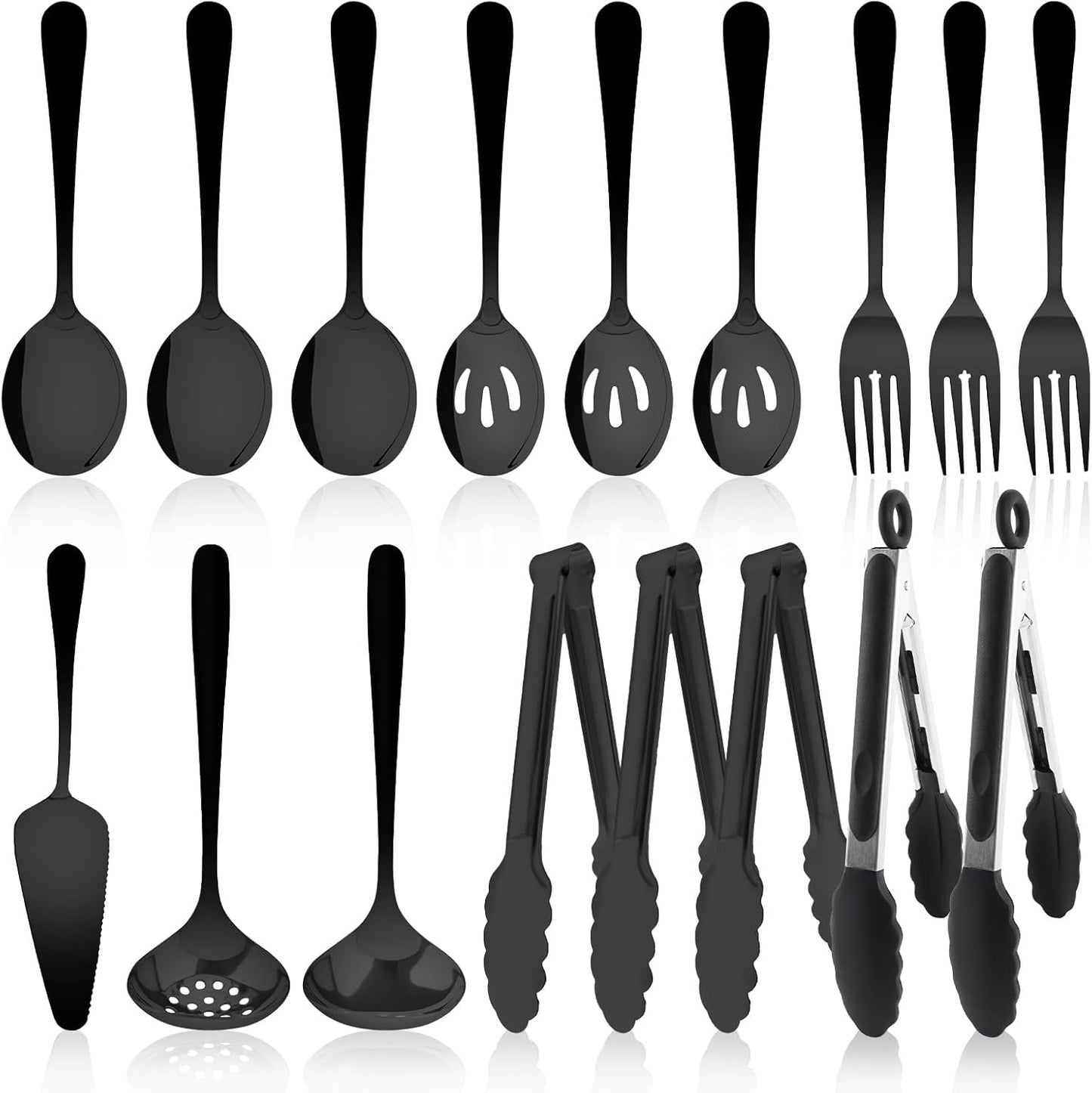 17PCS Serving Utensils Set Flatware, Stainless Steel Serveware Large Serving Spoons, Slotted Spoons, Forks, Tongs, Cake Server,Soup and Skimmer Spoon for Buffet, Catering, Party, Dinner (Silver)