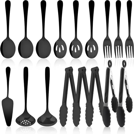 17PCS Serving Utensils Set Flatware, Stainless Steel Serveware Large Serving Spoons, Slotted Spoons, Forks, Tongs, Cake Server,Soup and Skimmer Spoon for Buffet, Catering, Party, Dinner (Silver)