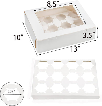 Jucoan 20 Pack Cupcake Boxes 12 Counts White Paper Cupcake Container with Inserts and Window, Bakery Container Dozen Cupcake Carrier Boxes for Muffins, Cookies, Pastry