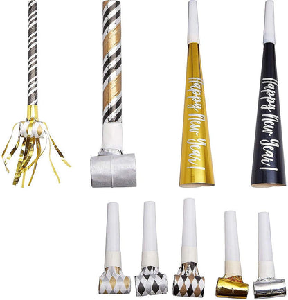 Black, Gold & Silver Party Horns & Blowouts Set - Perfect Party Supplies & Party Noise Makers for New Year's Eve, Graduation Parties, Birthdays & More, 3 Packs of 50