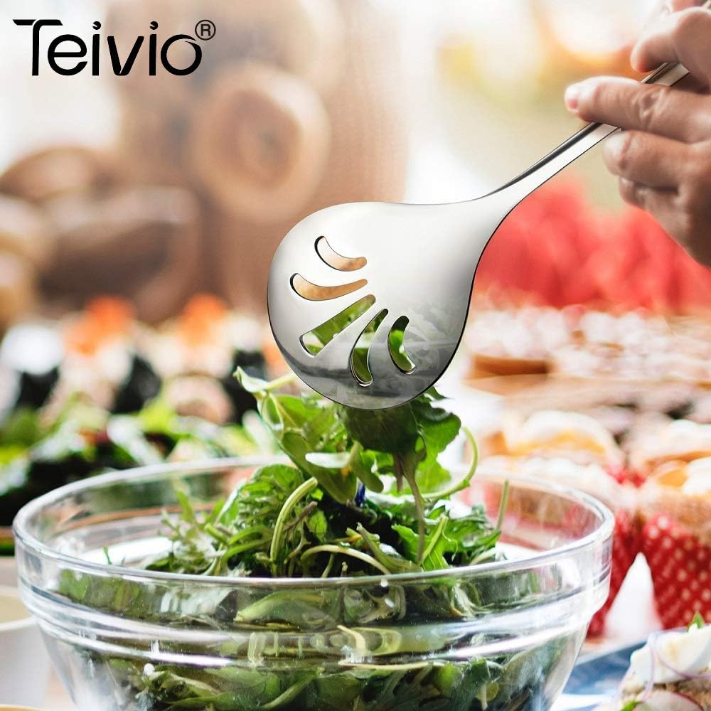Teivio Stainless Steel Metal Serving Utensils - Large Set of 9-10" Spoons, 10" Slotted Spoons, and 9" Tongs (Silver)