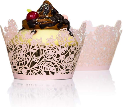 YOZATIA 60pcs Black Rose Lace Cupcake Wrappers Holders, Laser Cut Cupcake Liners Decorative Liners for Wedding Party Birthday Cake Decoration Supplies