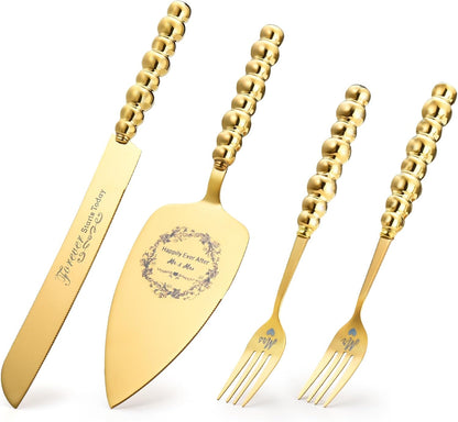Wedding Cake Knife and Server Set, Gold Ceramic Pearl Handle Cake Cutting Set for Weddings, Engagements, Anniversaries, and Engagement Gifts for Couples