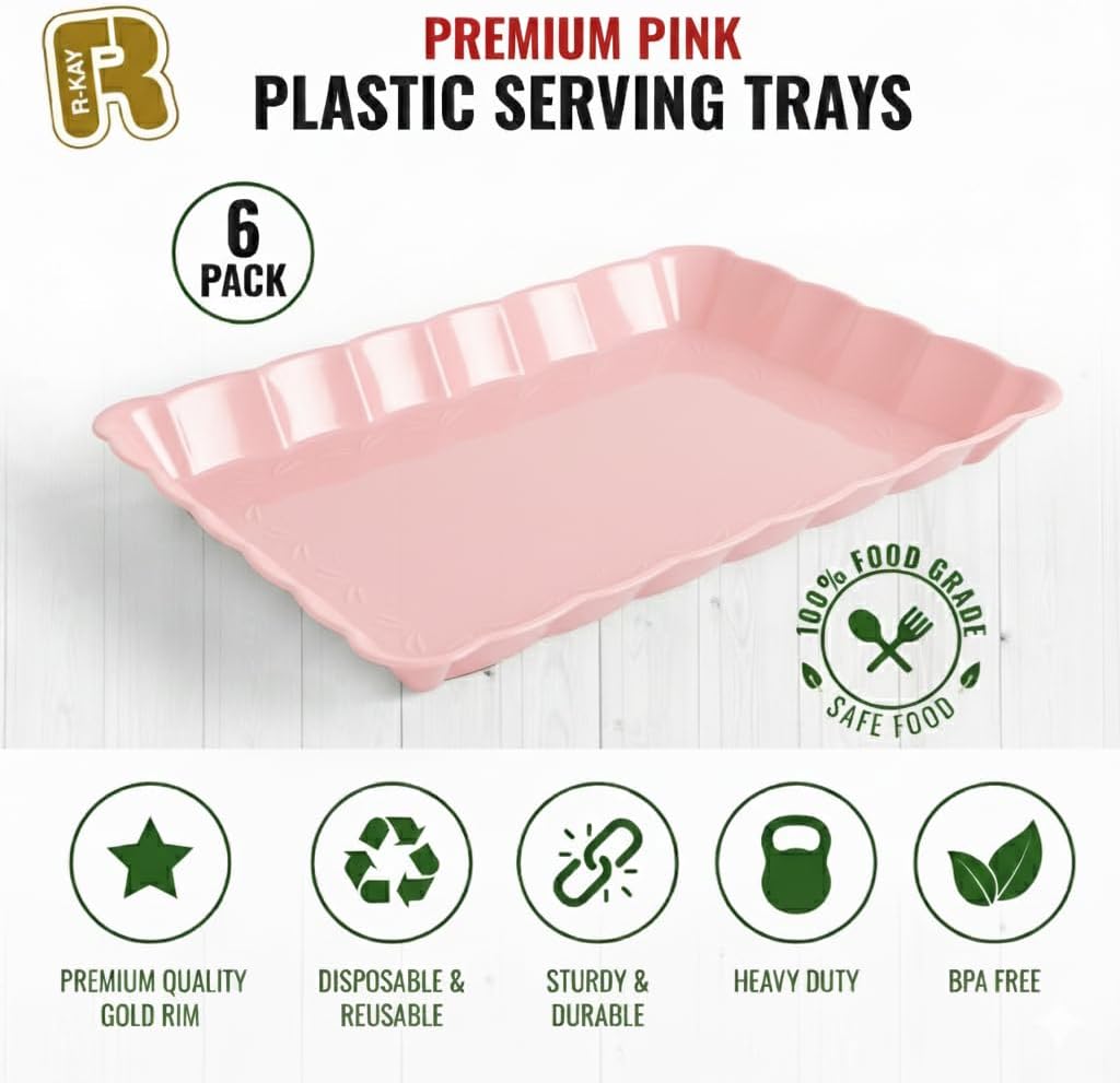 6 Pack Clear Plastic Serving Trays for Party, 9 x 13 Inch - Heavy Duty Plastic Trays for Food - Rectangular Party Serving Trays and Platters - Clear Disposable Trays