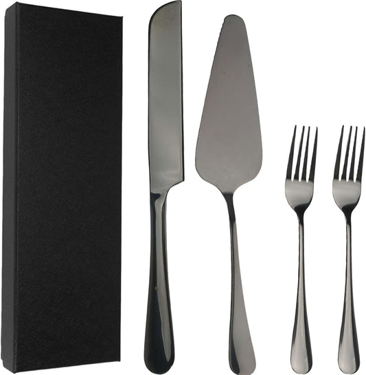 Cake Knife and Server Set with 2 Forks, Cake Cutting Set for Wedding with Gift Box, Stainless Steel Cake Cutter and Pie Server for Birthday Party Anniversary (Black)
