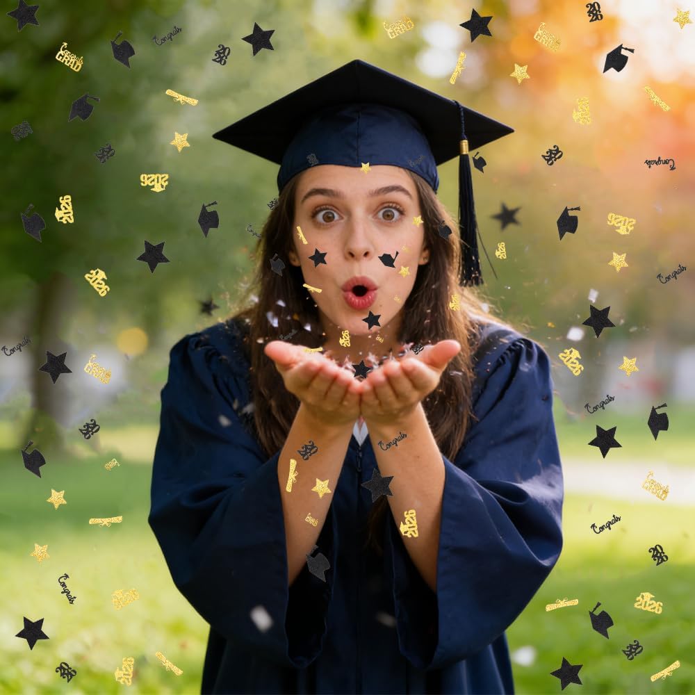 Black Gold Graduation Confetti Class of 2026 Black Graduation Cap, 200Pcs Glitter Stars Confetti Sprinkles, Table Congrats Grad Confetti for Graduation Party Table Decorations