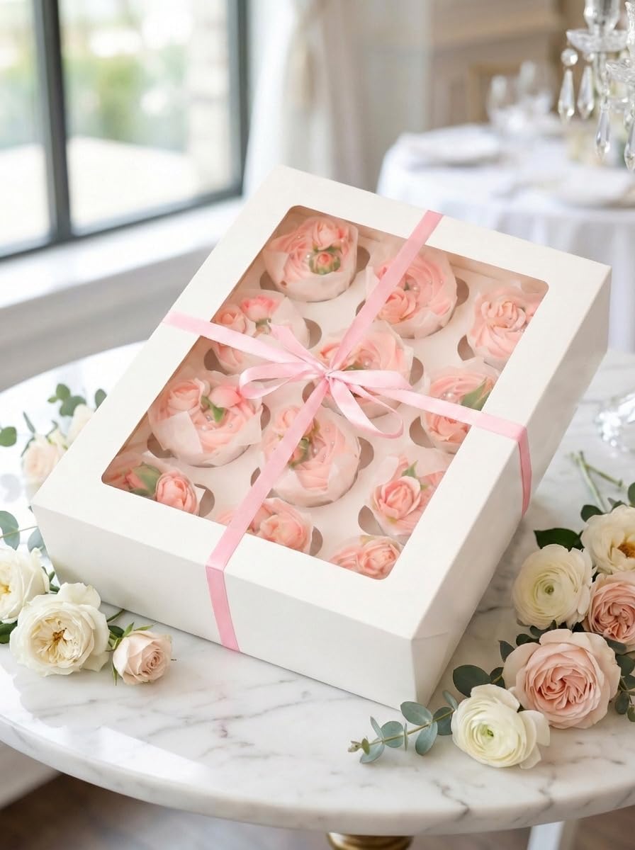 Bakepacker Auto-pop Up Cupcake Boxes with Window White 20PCS 12 Count Cupcake Box 13"x10"x3.5" Cupcakes Carrier, 12 Cupcake Containers with rolls of pink ribbons