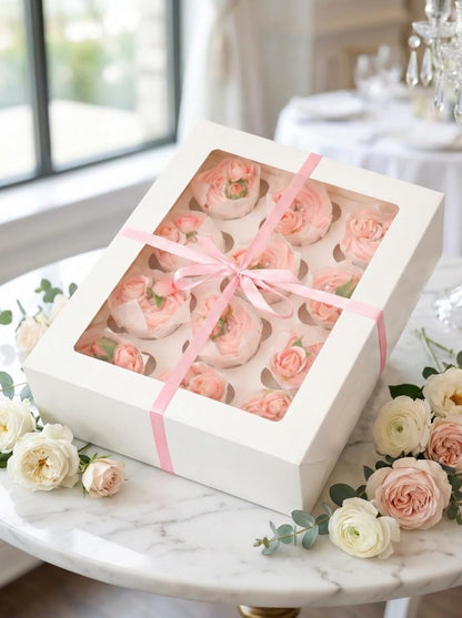 Bakepacker Auto-pop Up Cupcake Boxes with Window White 20PCS 12 Count Cupcake Box 13"x10"x3.5" Cupcakes Carrier, 12 Cupcake Containers with rolls of pink ribbons