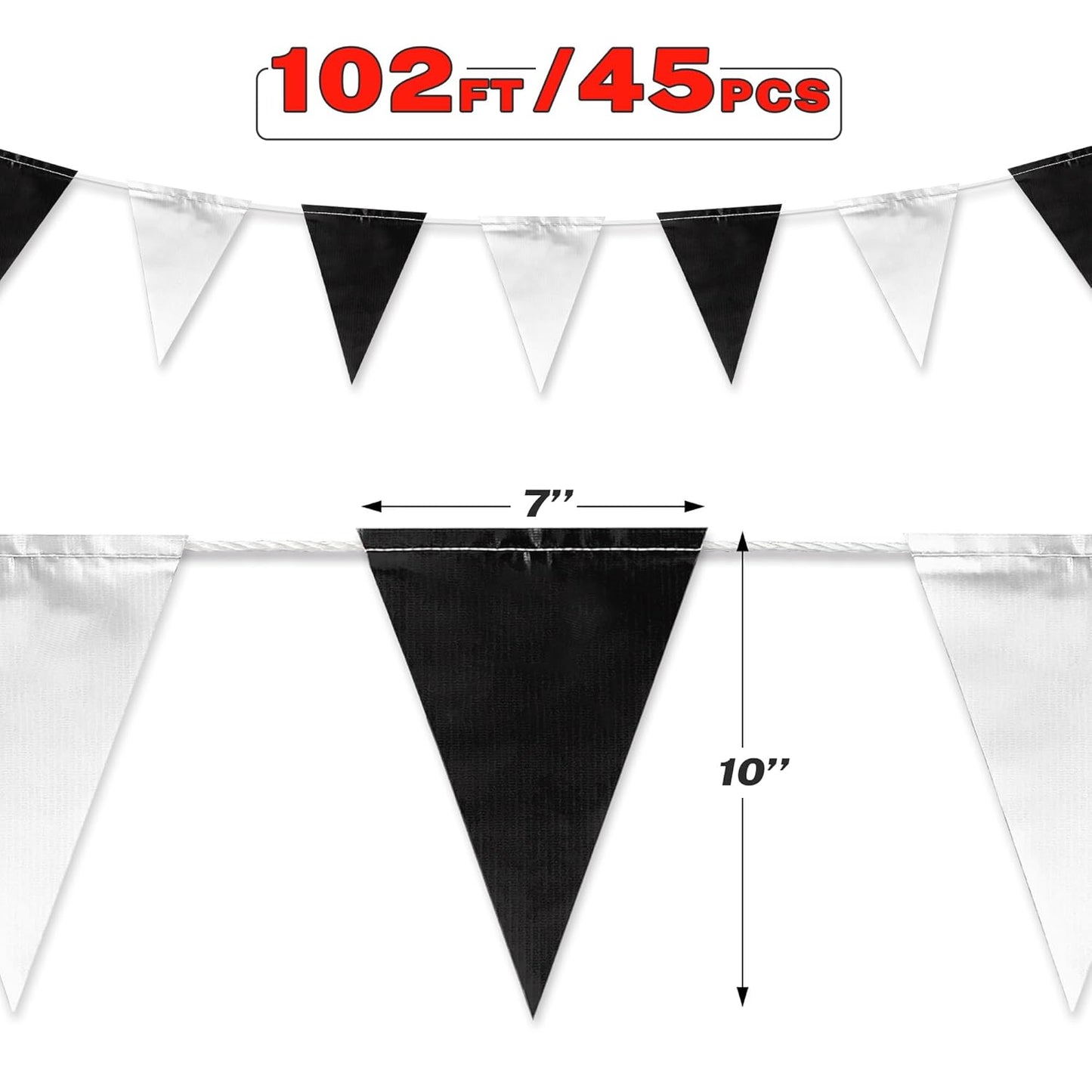 Black & White Pennant Banner Flags | Heavy-Duty Outdoor | OSHA 500lb Rated | Strand Fade Resistant 【102FT】